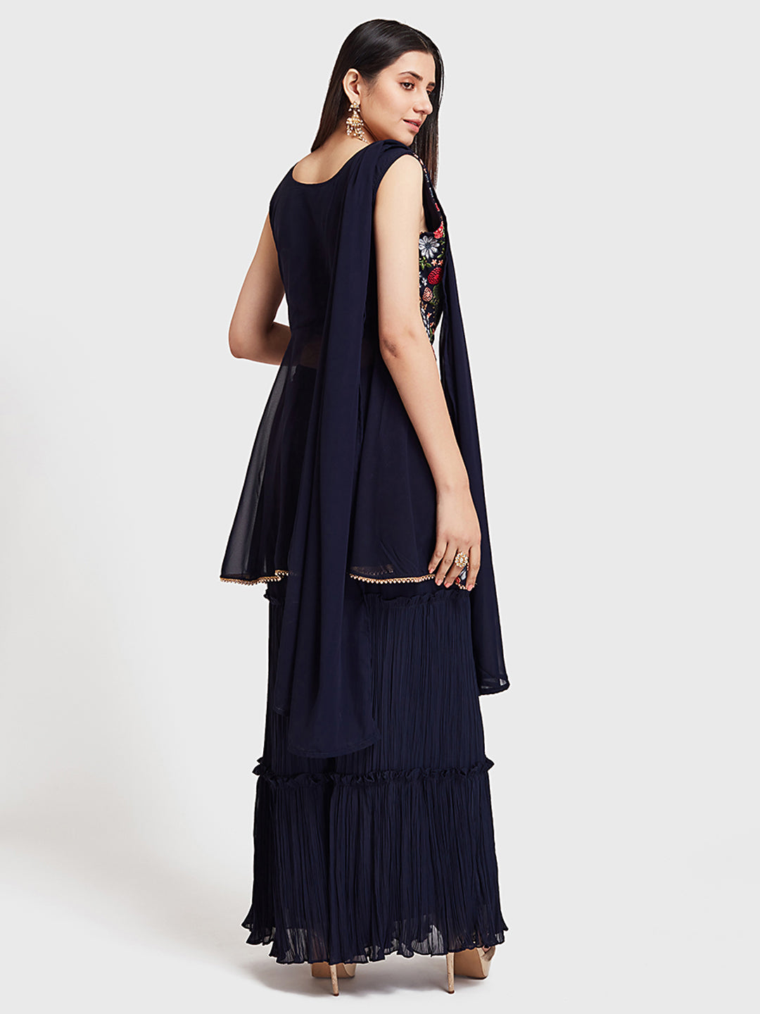 Neerus Navy Embroidered Kurta With Sharara & Dupatta