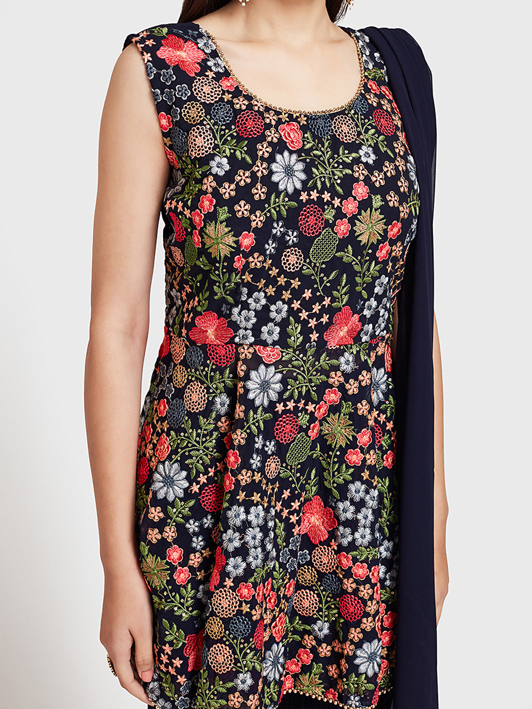 Neerus Navy Embroidered Kurta With Sharara & Dupatta