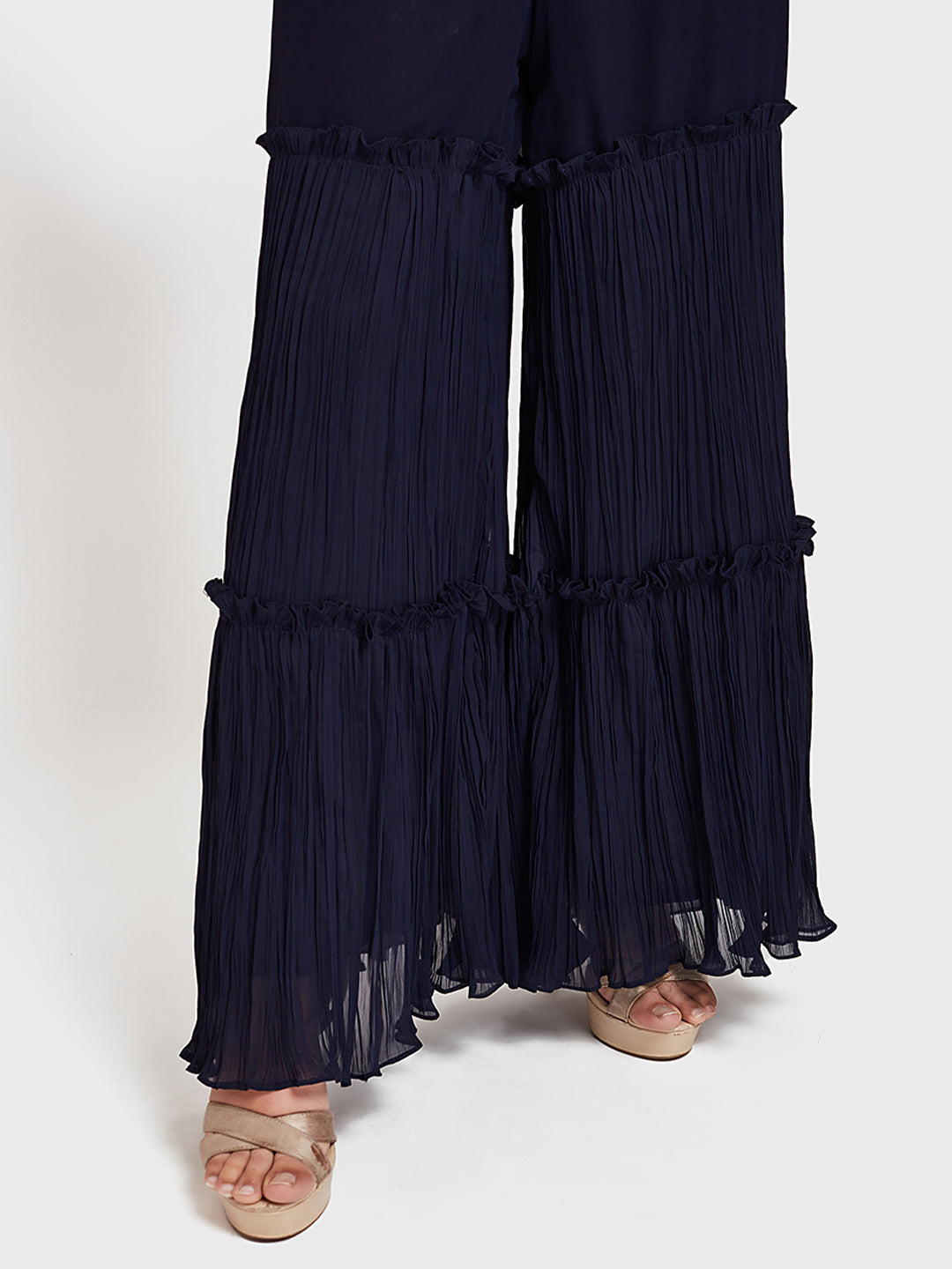 Neerus Navy Embroidered Kurta With Sharara & Dupatta