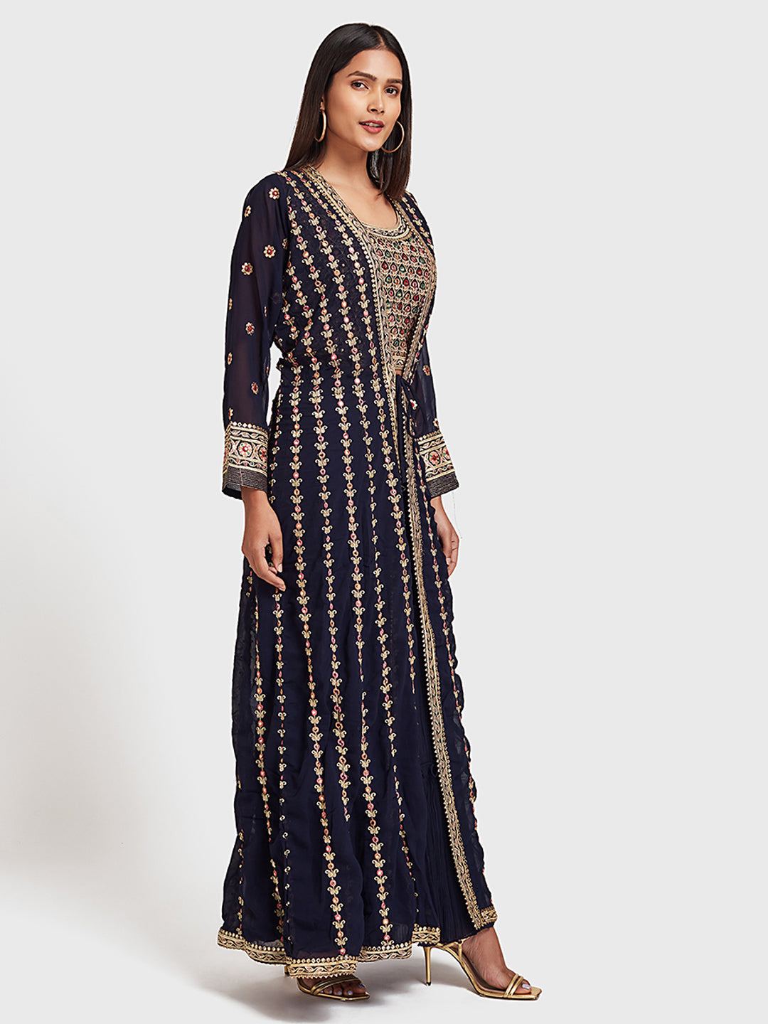 Neerus Blue Georgette Anarkali Suit Set - front view