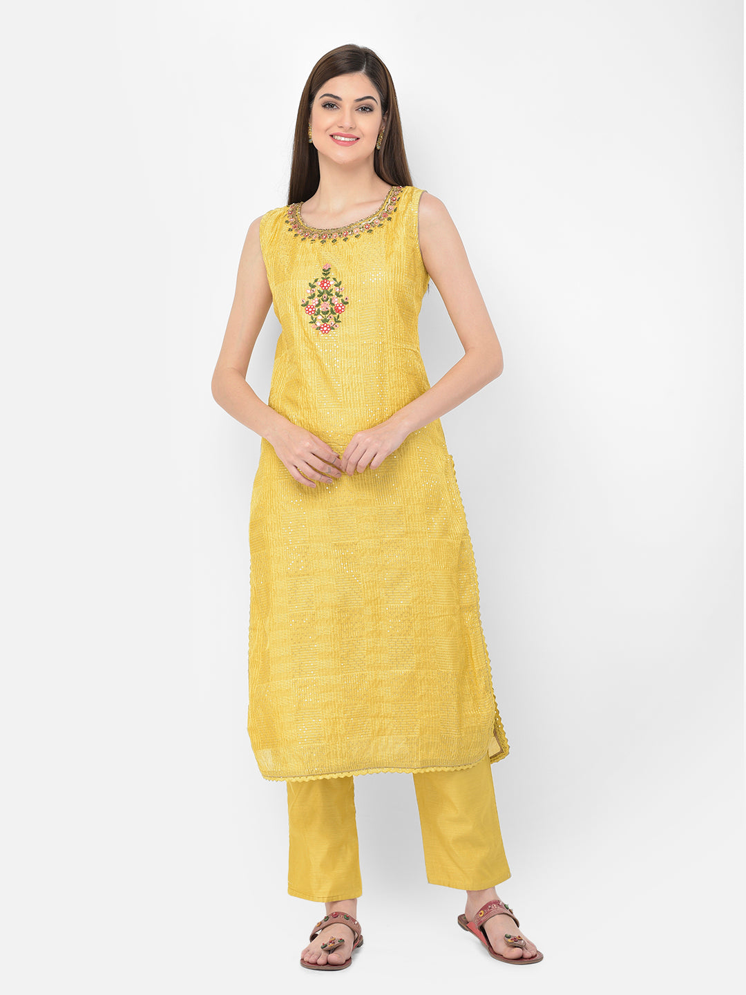 Neeru's'S Yellow Color Chanderi Fabric Suit-Pant