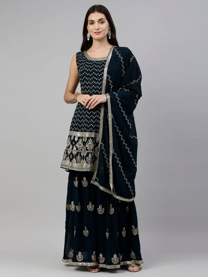 Neerus Blue georgette embroidered anarkali suit set - front view