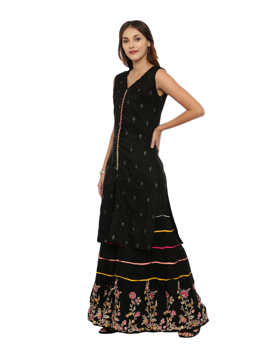 Neerus Black Embellished Kurta With Skirt & Dupatta