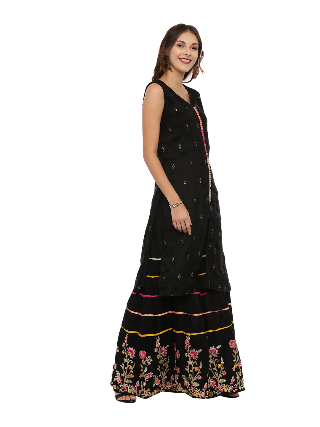 Neerus Black Embellished Kurta With Skirt & Dupatta