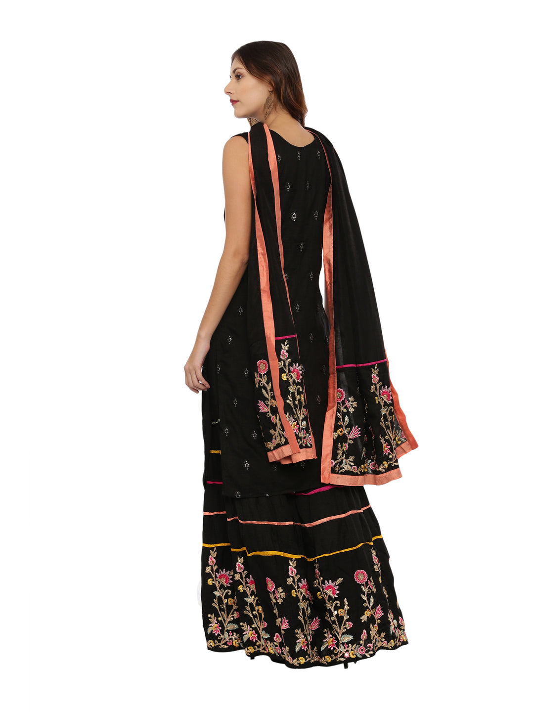 Neerus Black Embellished Kurta With Skirt & Dupatta