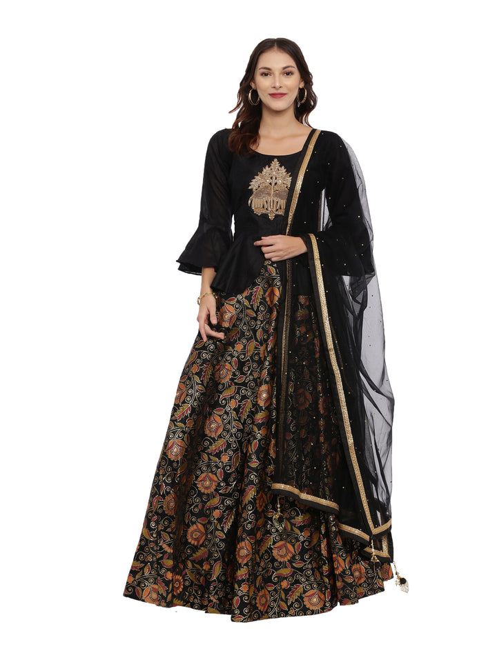 Neerus Black Color Chanderi Fabric Full Sleeves Suit-Peplum