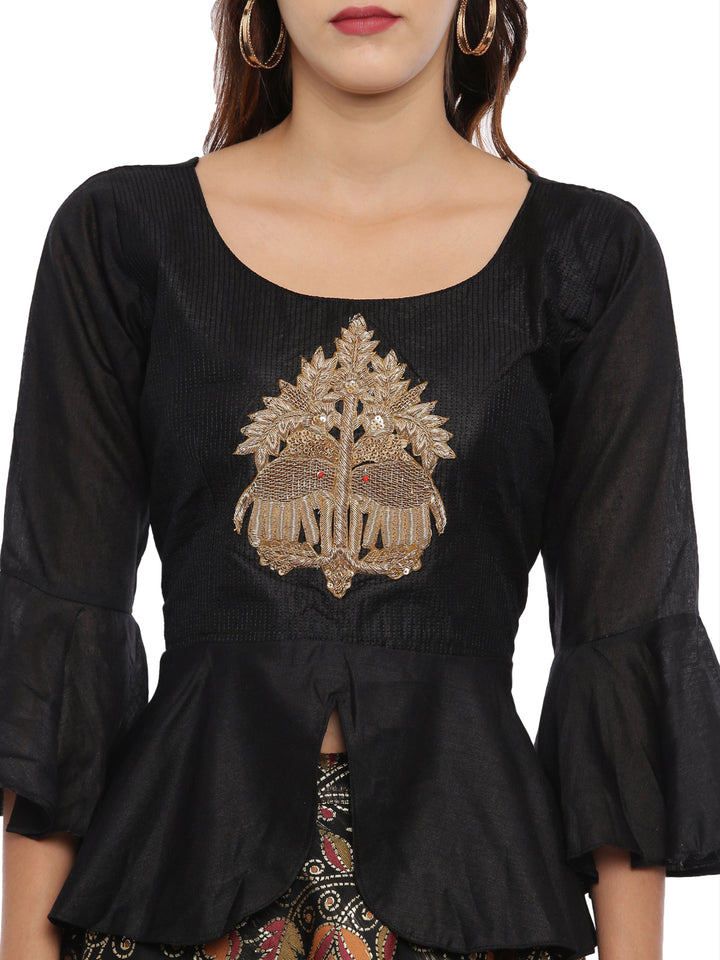 Neerus Black Color Chanderi Fabric Full Sleeves Suit-Peplum