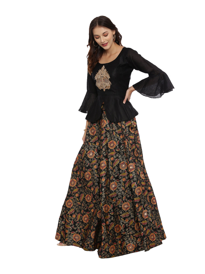 Neerus Black Color Chanderi Fabric Full Sleeves Suit-Peplum