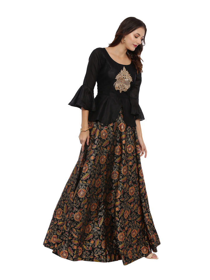 Neerus Black Color Chanderi Fabric Full Sleeves Suit-Peplum