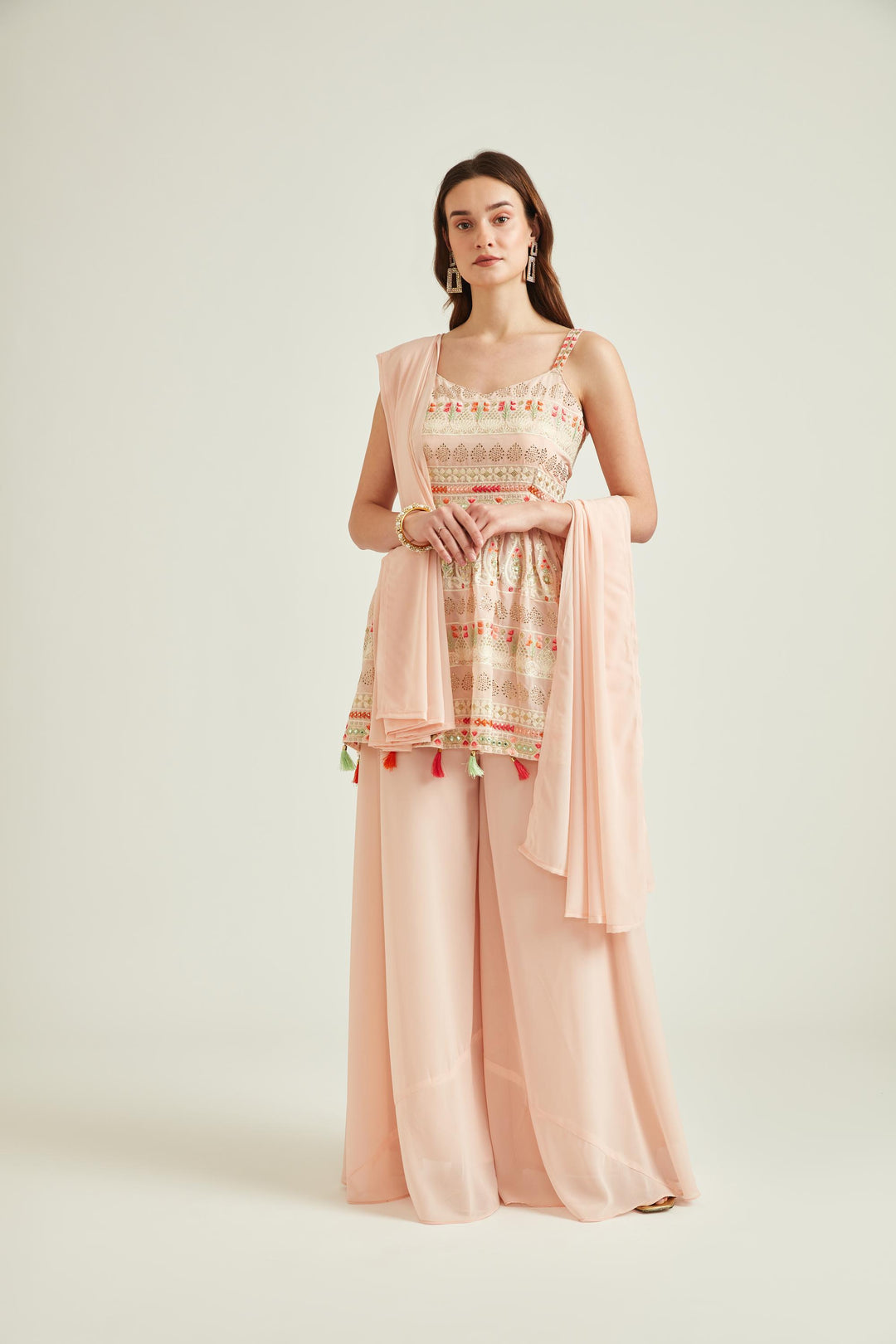 Neerus Orange georgette embroidered kurta set with sharara and dupatta - front view