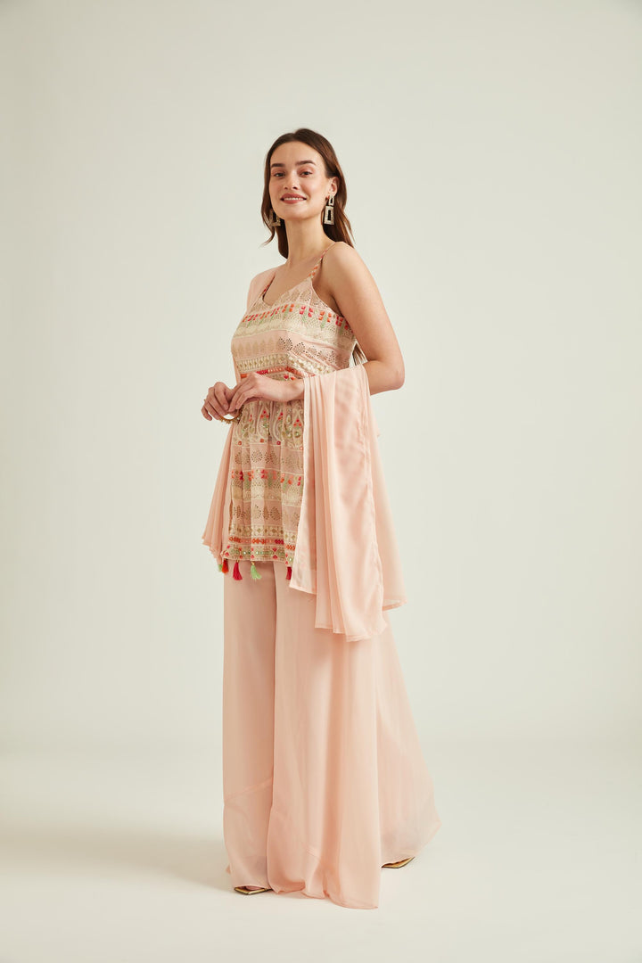 Neerus Orange georgette embroidered kurta set with sharara and dupatta - back view