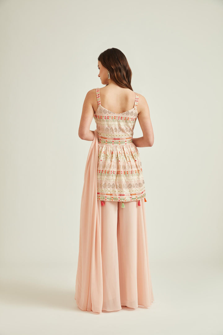 Neerus Orange georgette embroidered kurta set with sharara and dupatta - side view