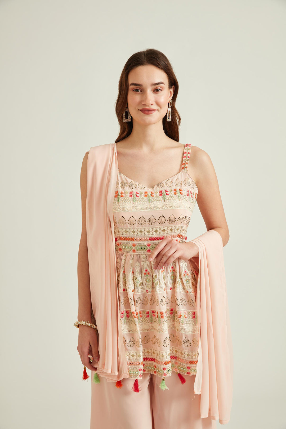 Neerus Orange georgette embroidered kurta set with sharara and dupatta - detail view 1
