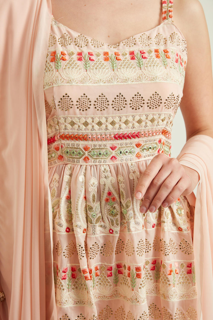 Neerus Orange georgette embroidered kurta set with sharara and dupatta - detail view 2