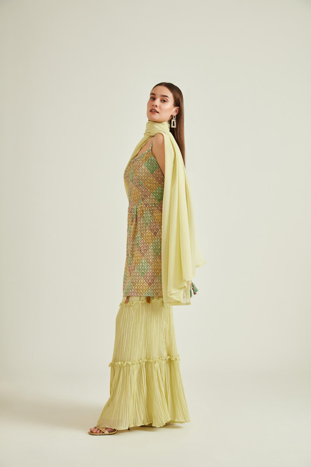 Neerus Green georgette embroidered kurta set with sharara and dupatta - back view