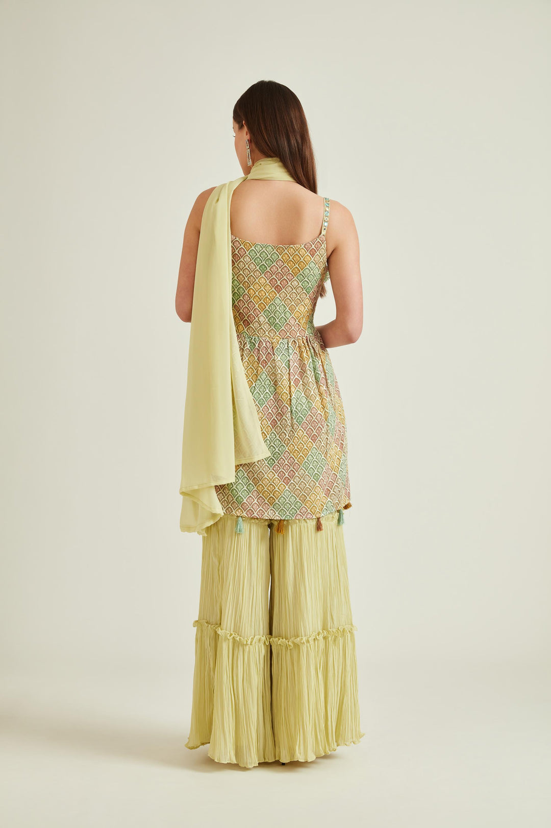 Neerus Green georgette embroidered kurta set with sharara and dupatta - side view