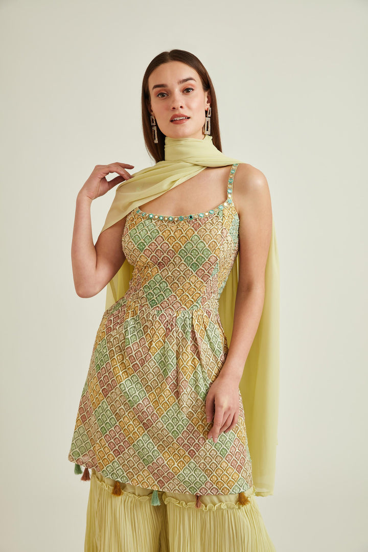 Neerus Green georgette embroidered kurta set with sharara and dupatta - detail view 1