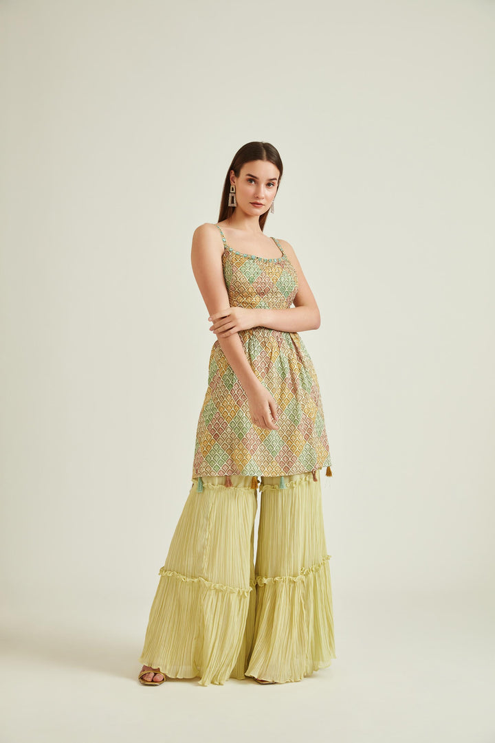 Neerus Green georgette embroidered kurta set with sharara and dupatta - front view