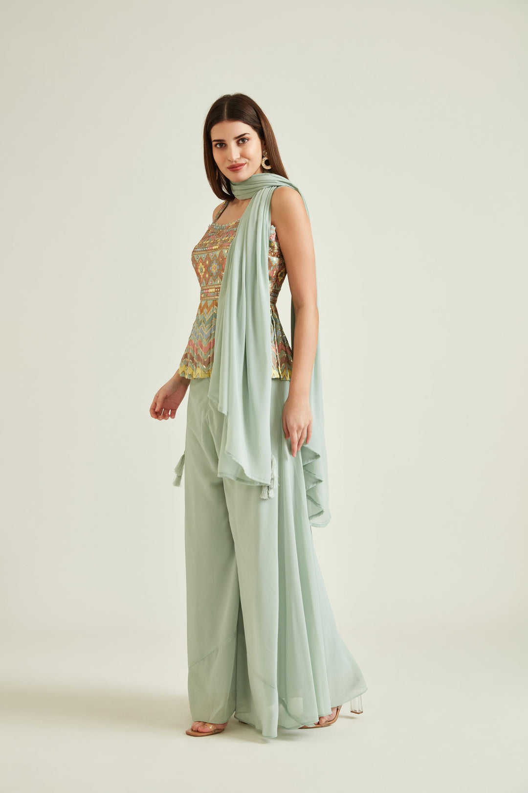 Neerus Green Georgette Embroidered Kurta Set - front view