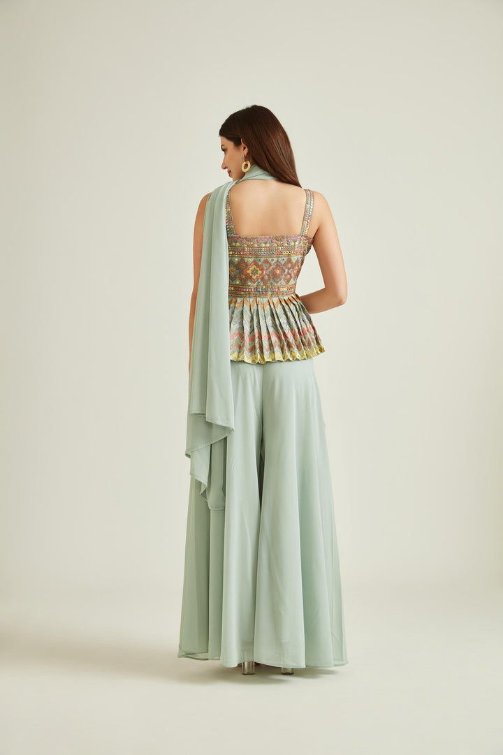Neerus Green Georgette Embroidered Kurta Set - back view
