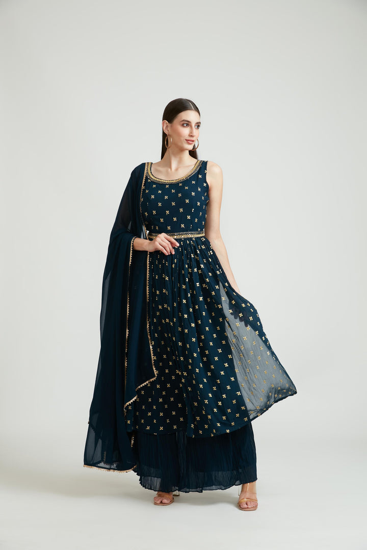 Neerus Peacock Color Georgette Fabric Plazzo Suit Set