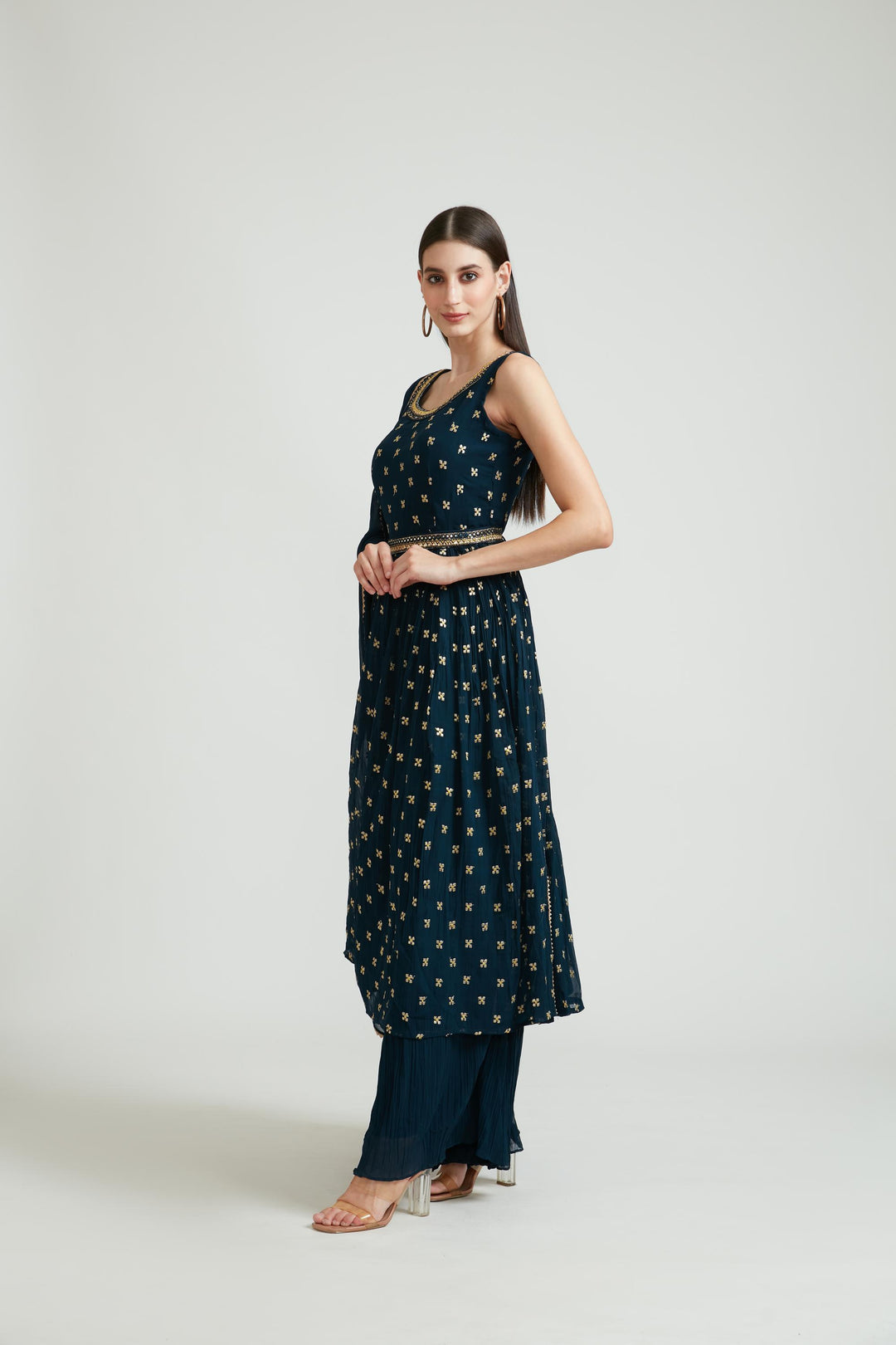 Neerus Peacock Color Georgette Fabric Plazzo Suit Set