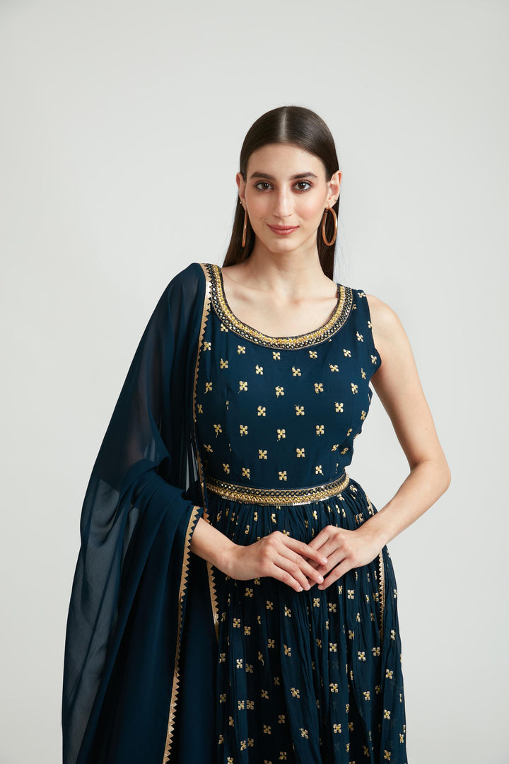 Neerus Peacock Color Georgette Fabric Plazzo Suit Set