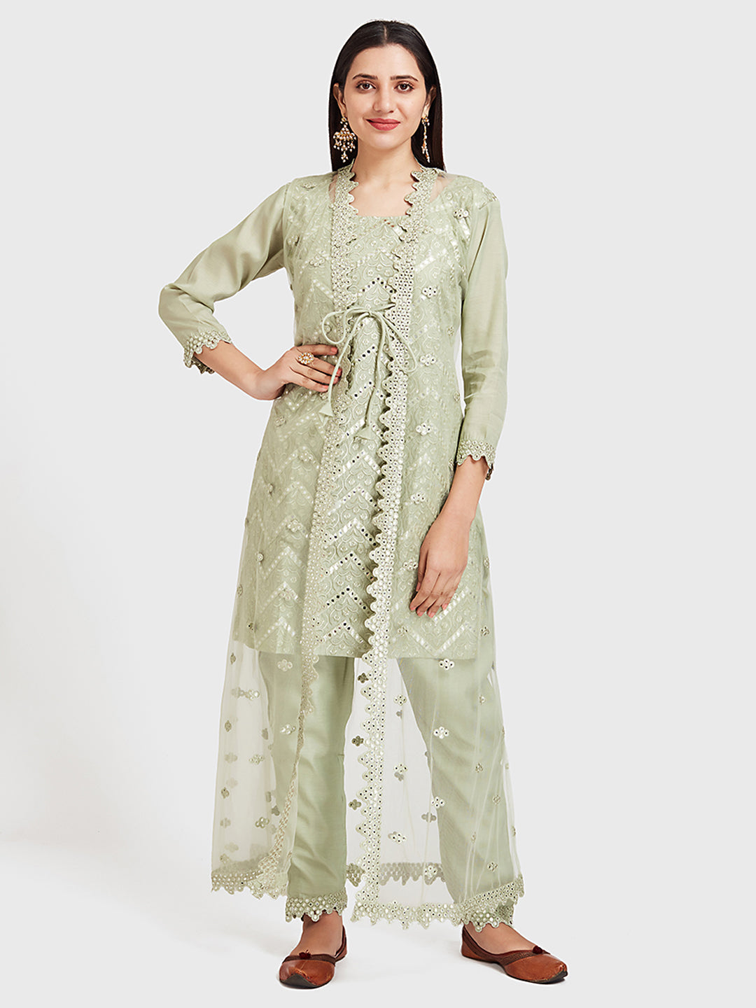 Neerus Green embellished kurta set with jacket and pant - detail view 4