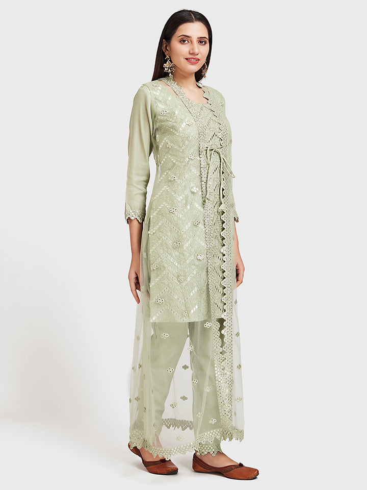 Neerus Green embellished kurta set with jacket and pant - front view