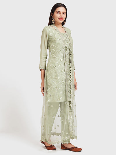 Neeru's Mint Embellished Kurta & Pant Set With Jacket