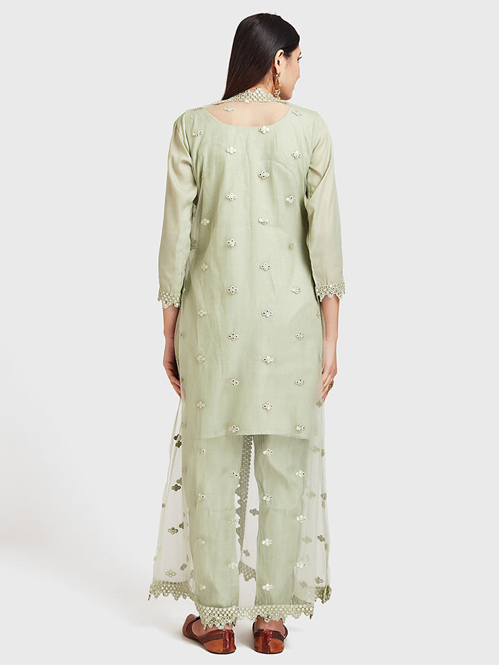 Neerus Green embellished kurta set with jacket and pant - back view