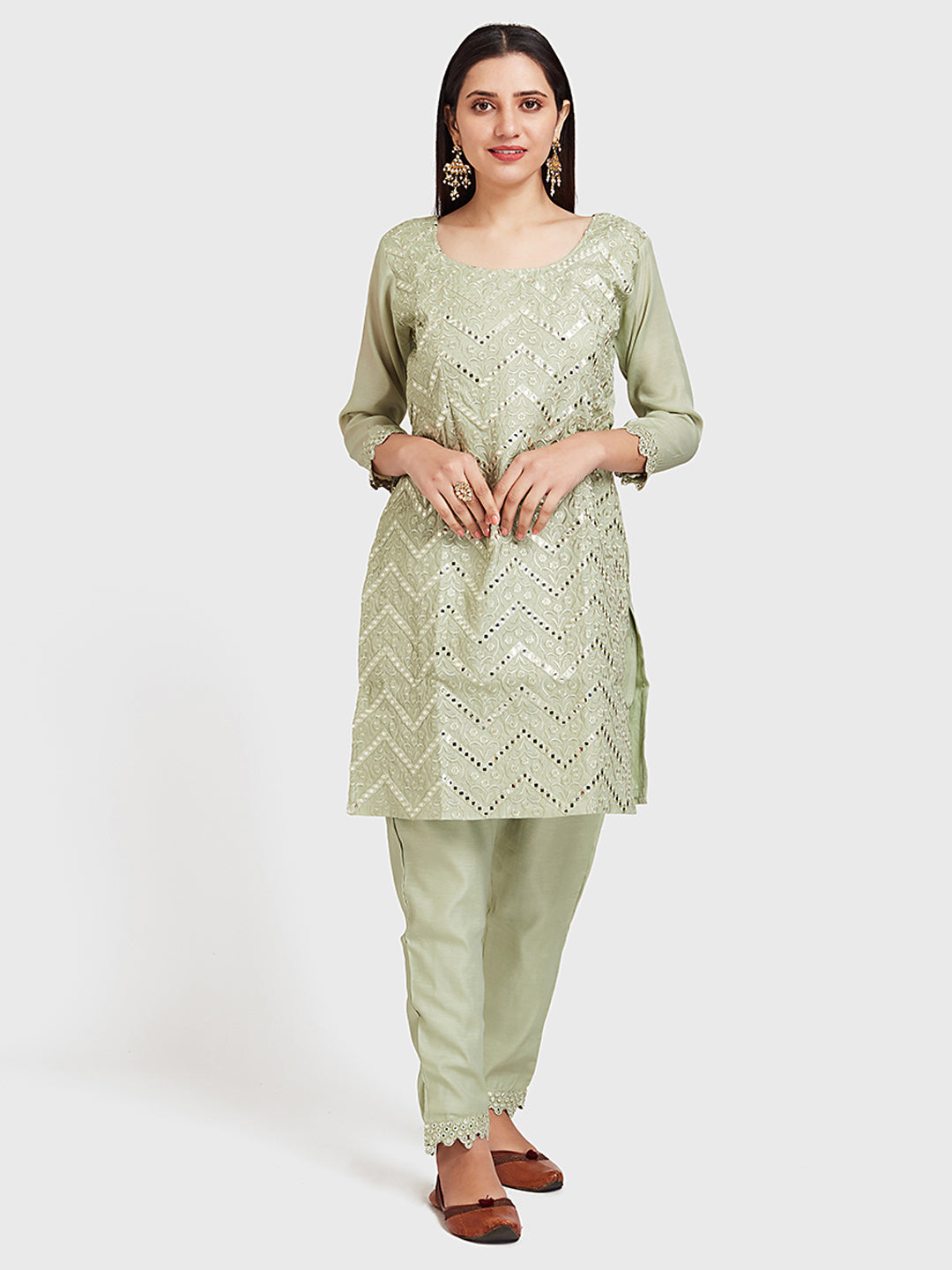 Neerus Green embellished kurta set with jacket and pant - detail view 1