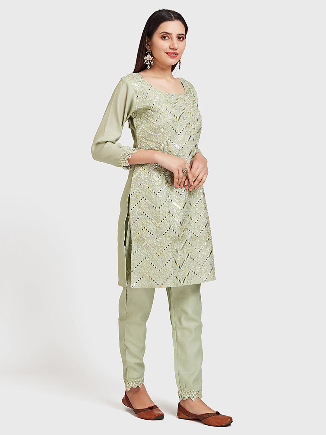 Neerus Green embellished kurta set with jacket and pant - detail view 2