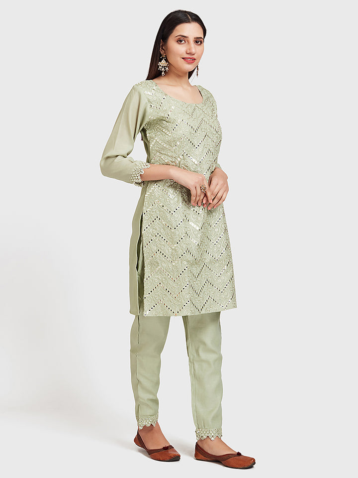 Neerus Green embellished kurta set with jacket and pant - detail view 2