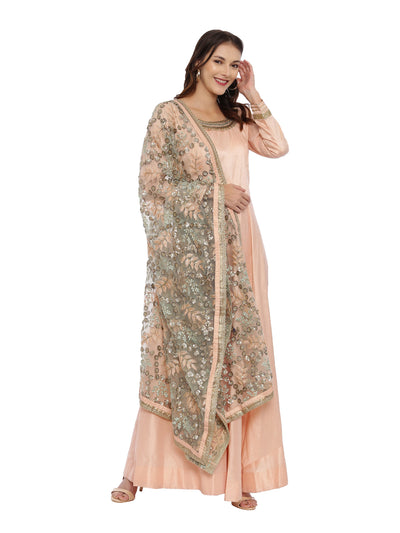 Neeru'S Peach Color, Raw Silk Fabric Full Sleeves Suit-Anarkali