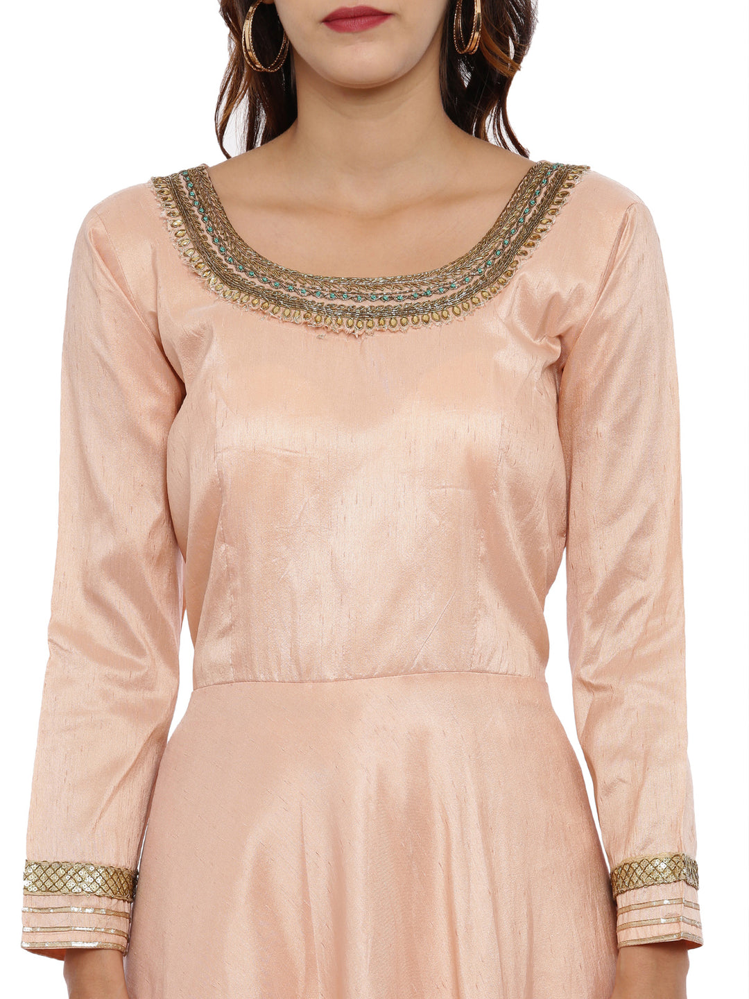 Neerus Peach Color Raw Silk Fabric Full Sleeves Suit-Anarkali