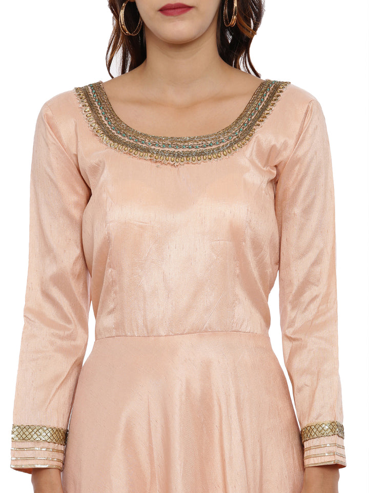 Neerus Peach Color Raw Silk Fabric Full Sleeves Suit-Anarkali