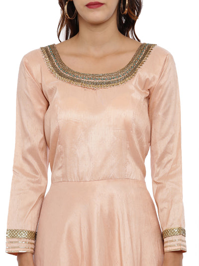 Neeru'S Peach Color, Raw Silk Fabric Full Sleeves Suit-Anarkali