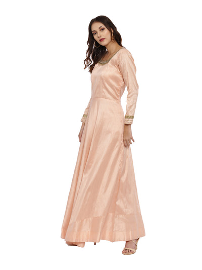 Neeru'S Peach Color, Raw Silk Fabric Full Sleeves Suit-Anarkali