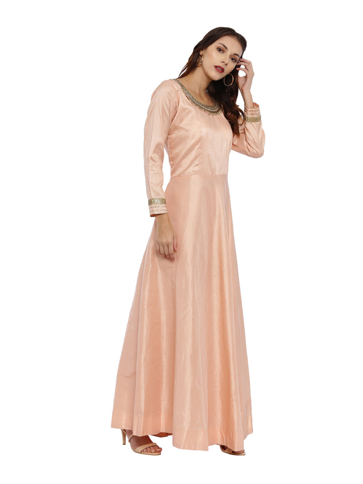 Neerus Peach Color Raw Silk Fabric Full Sleeves Suit-Anarkali