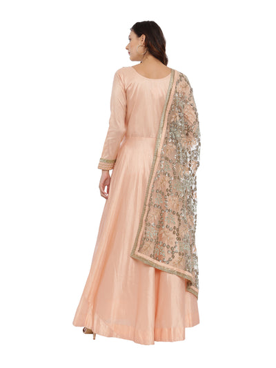 Neeru'S Peach Color, Raw Silk Fabric Full Sleeves Suit-Anarkali