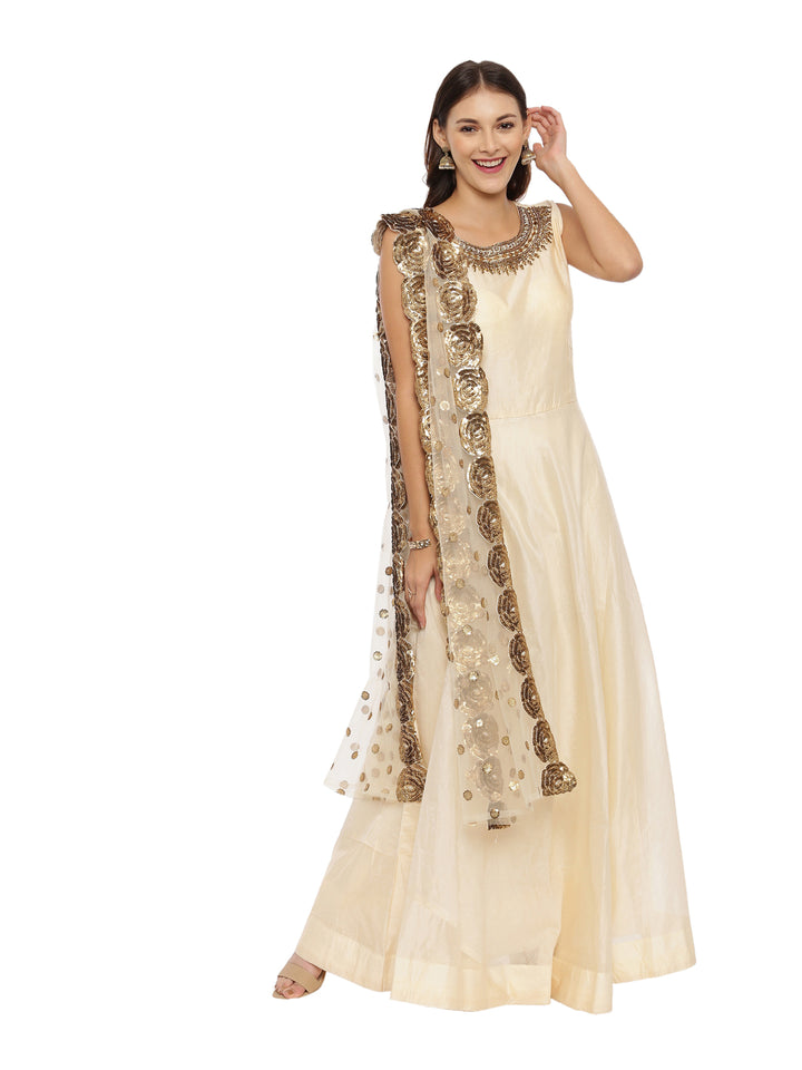 Neerus Cream Embellished Fit & Flare Kurta With Dupatta