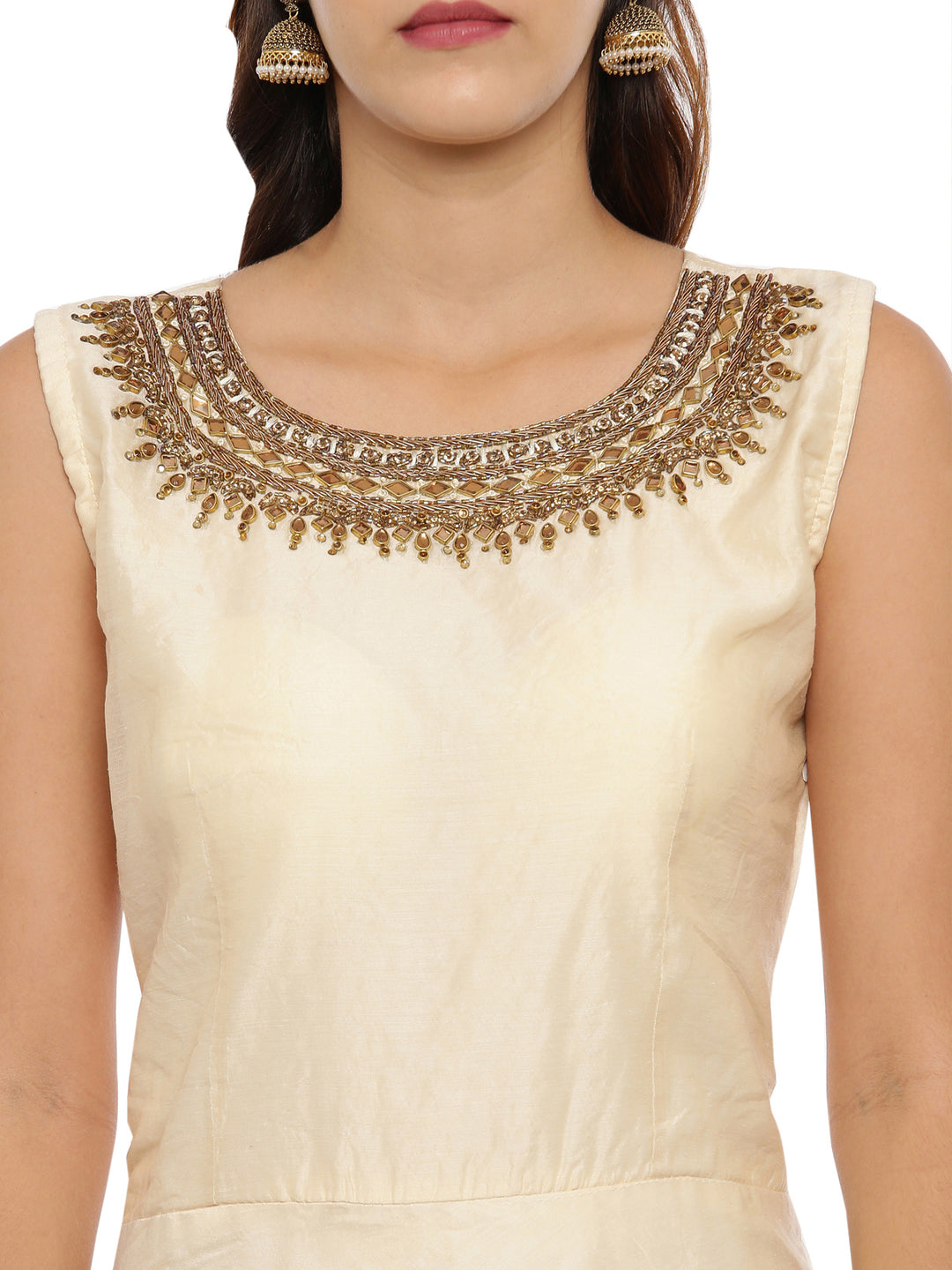 Neerus Cream Embellished Fit & Flare Kurta With Dupatta