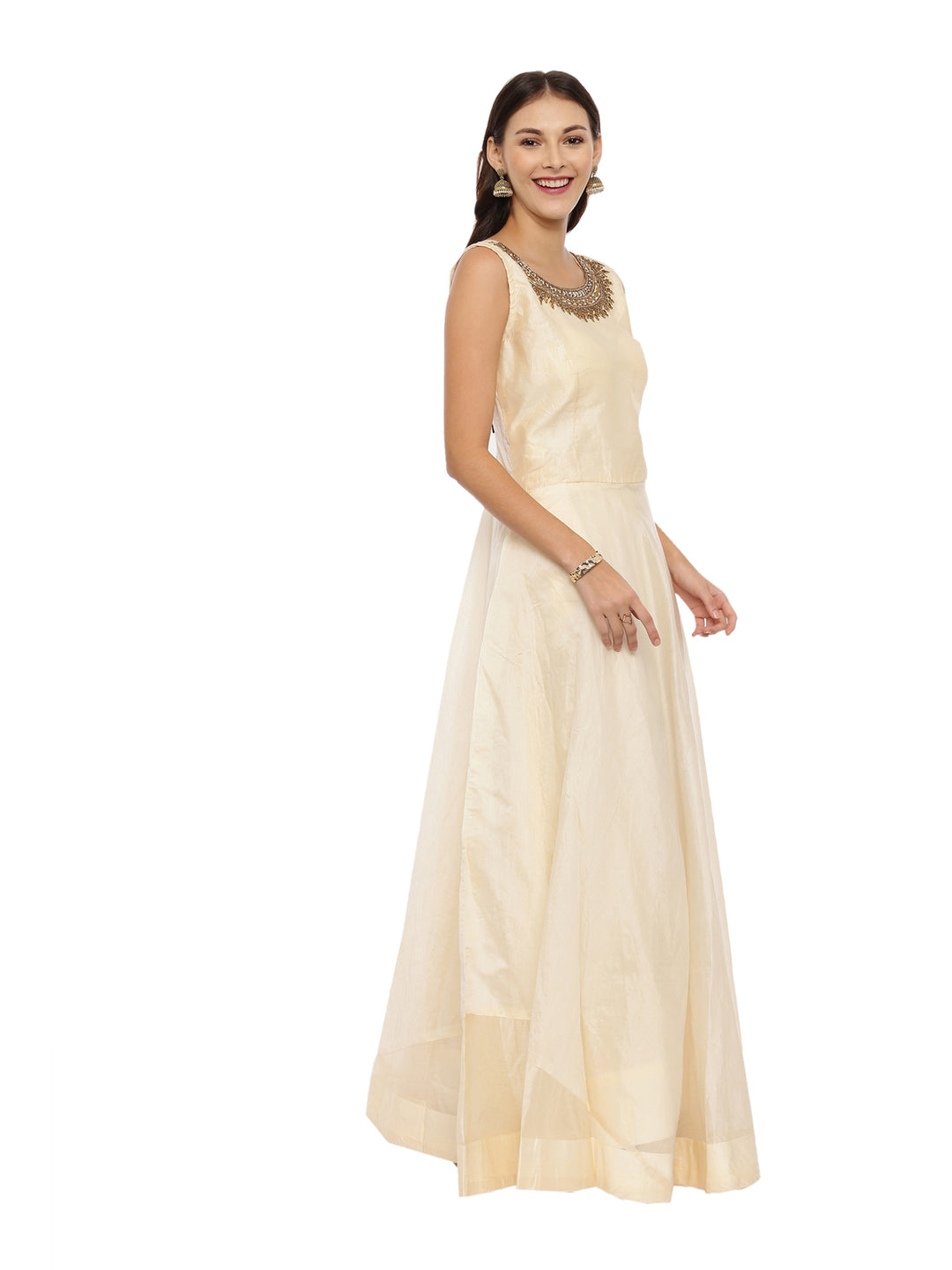 Neerus Cream Embellished Fit & Flare Kurta With Dupatta