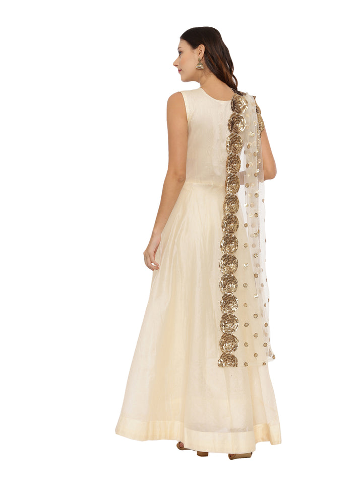 Neerus Cream Embellished Fit & Flare Kurta With Dupatta
