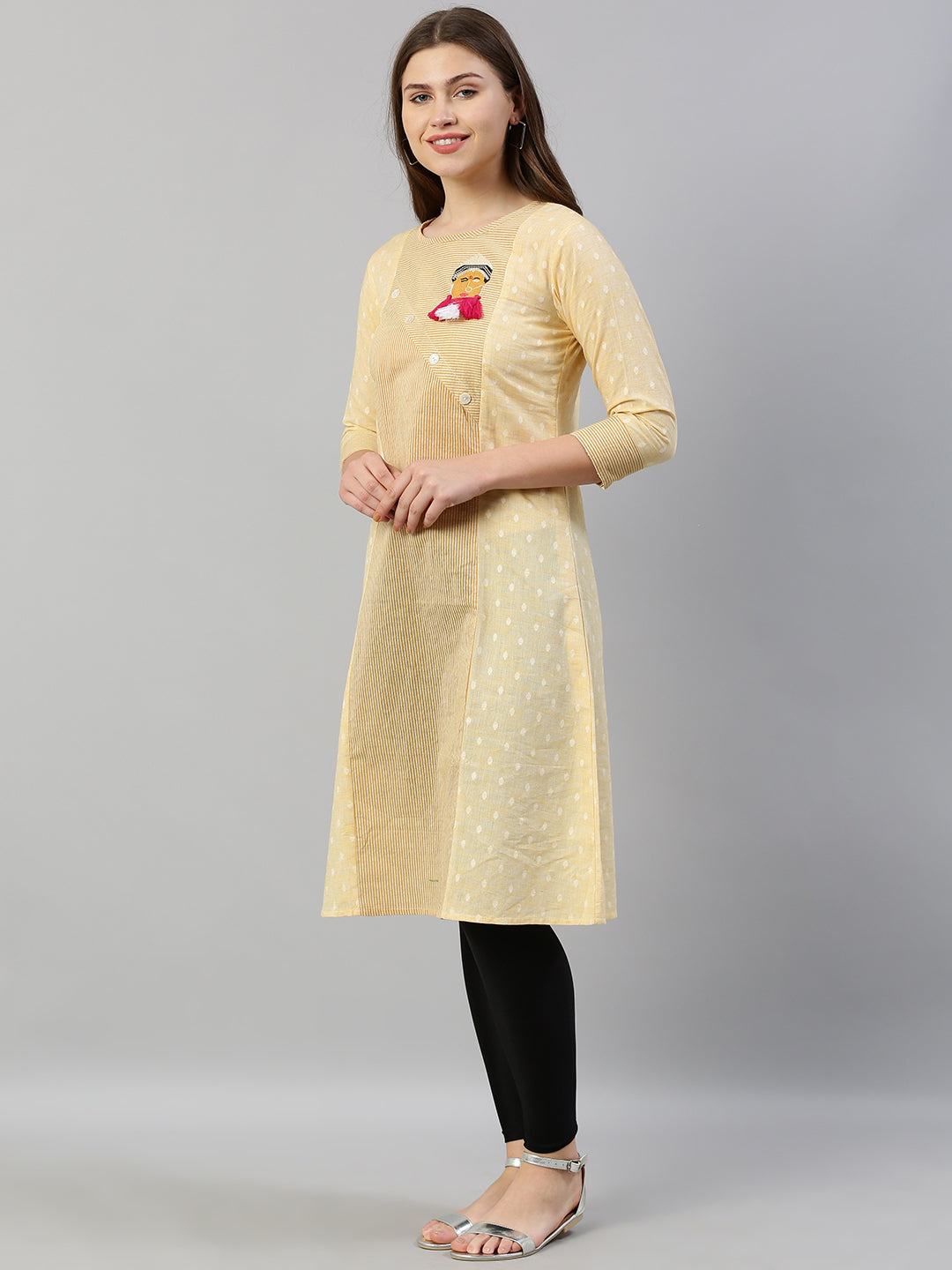 Neerus Yellow cotton embroidered A-Line kurta - detail view 2