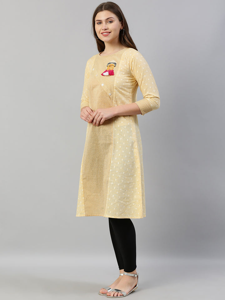 Neerus Yellow cotton embroidered A-Line kurta - detail view 2