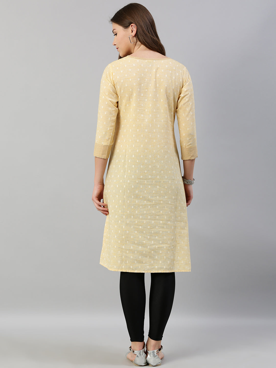 Neerus Yellow cotton embroidered A-Line kurta - detail view 3