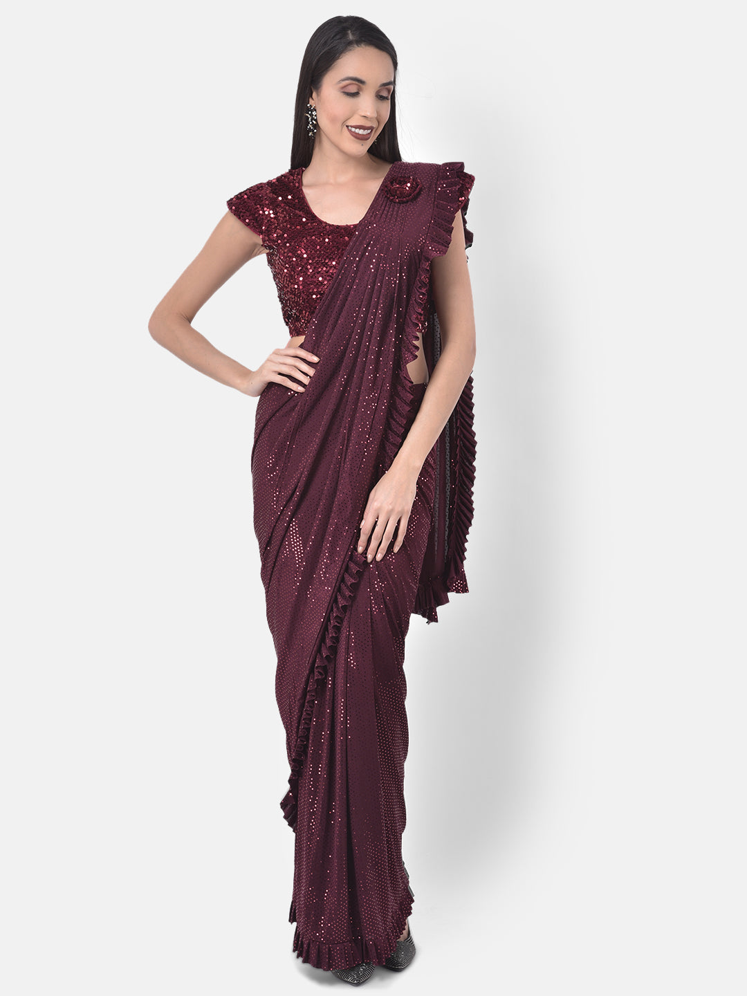 Neeru's Wine Embellished Ready To Wear Saree With Blouse
