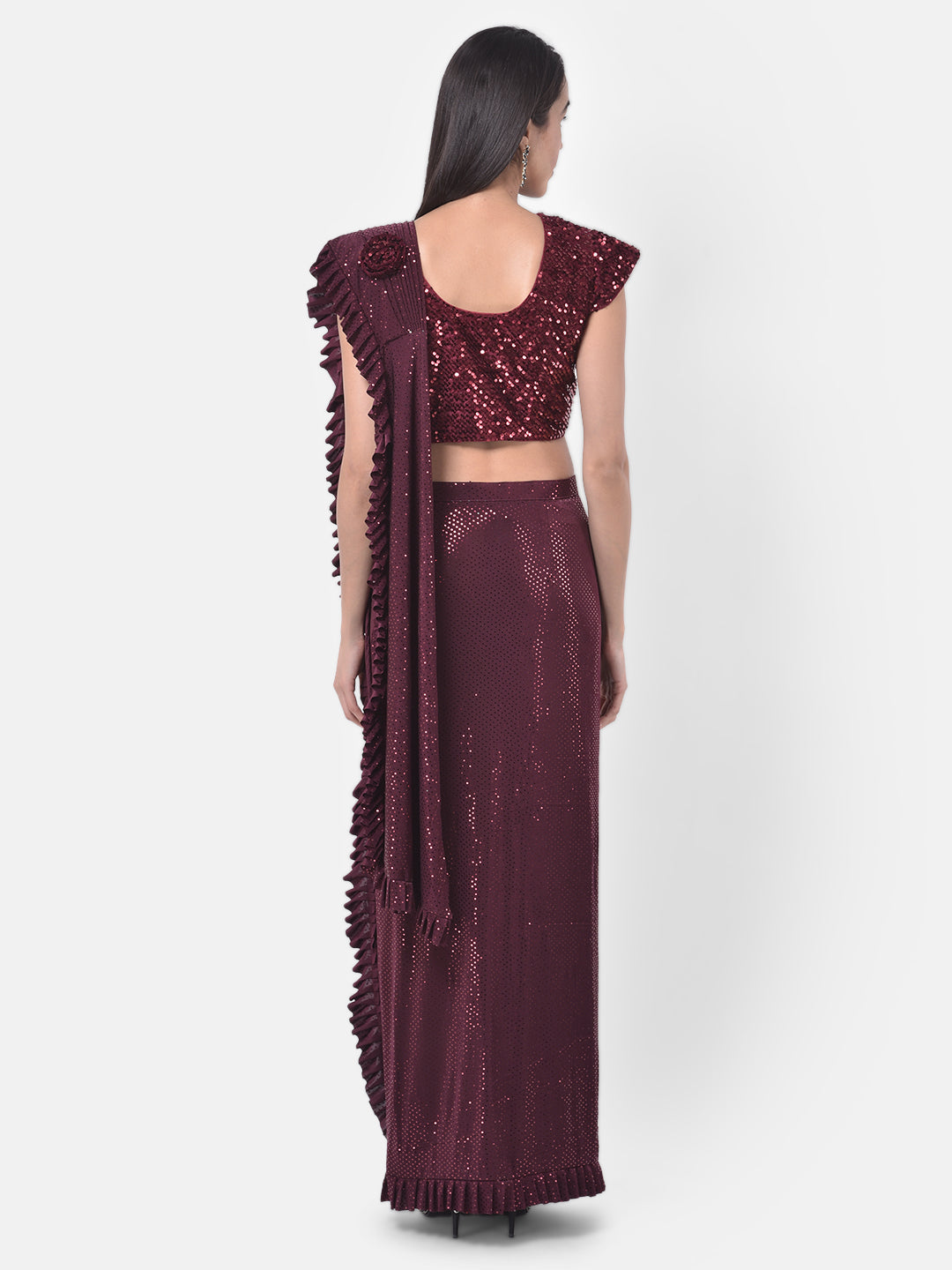 Neerus Wine Embellished Ready To Wear Saree With Blouse